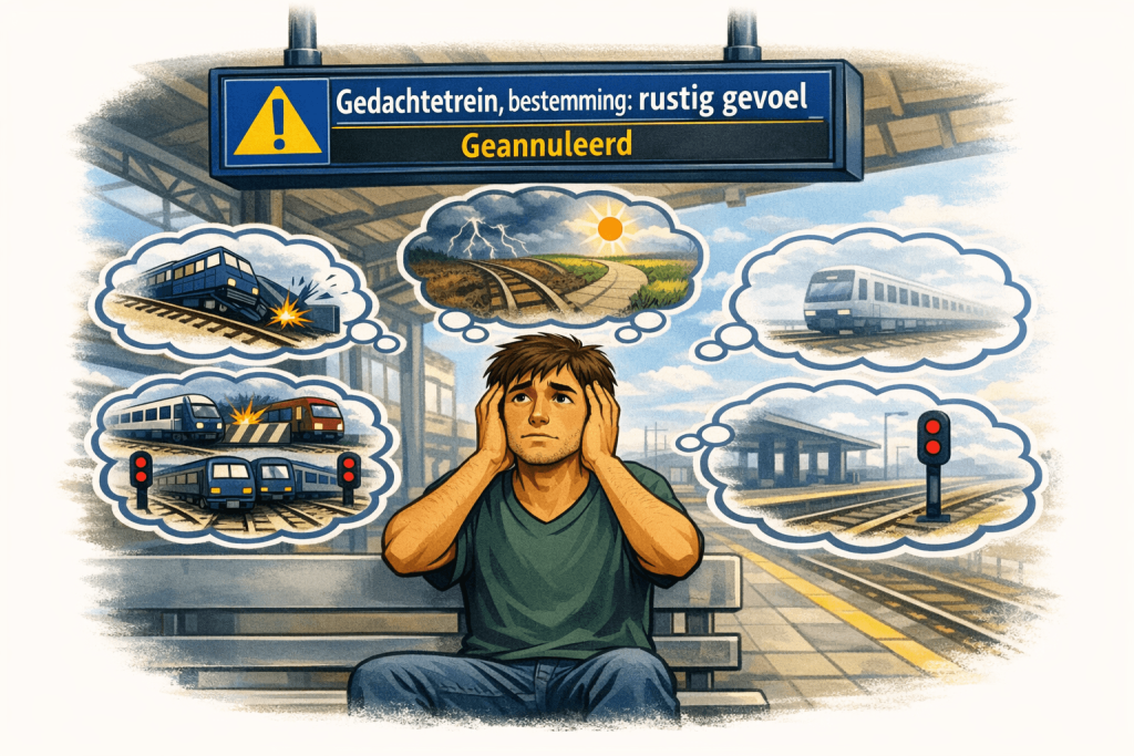 Man die overprikkeld en onderprikkeld is, met een razende gedachtetrein die nergens heen gaat