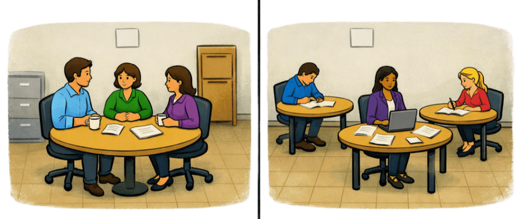 Illustratie van het interpersoonlijke domein, met iconen die afstemming, samenwerking en sociaal werktempo uitbeelden.
