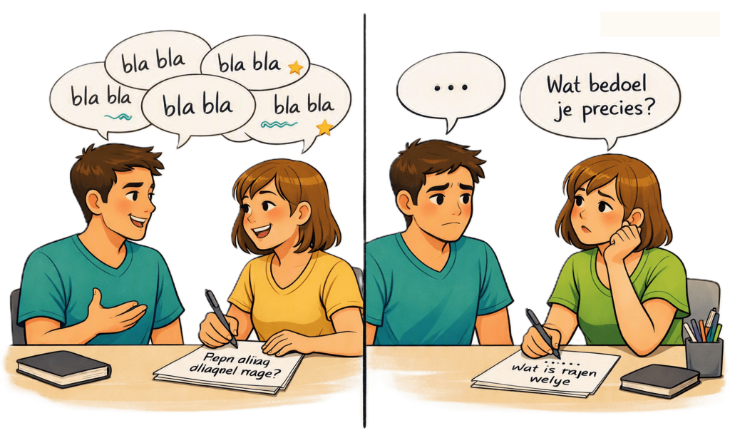 Illustratie van het verbale domein, met symbolen voor taal, spreken en communicatie in werk.