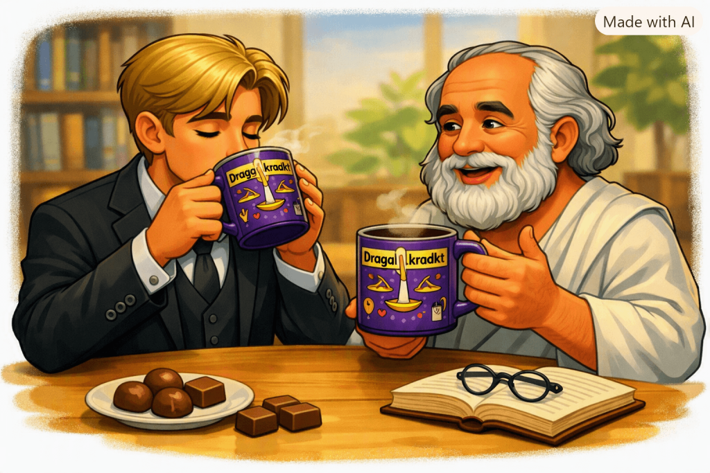 Socratesfiguur en Brad Pitt-figuur drinken samen koffie